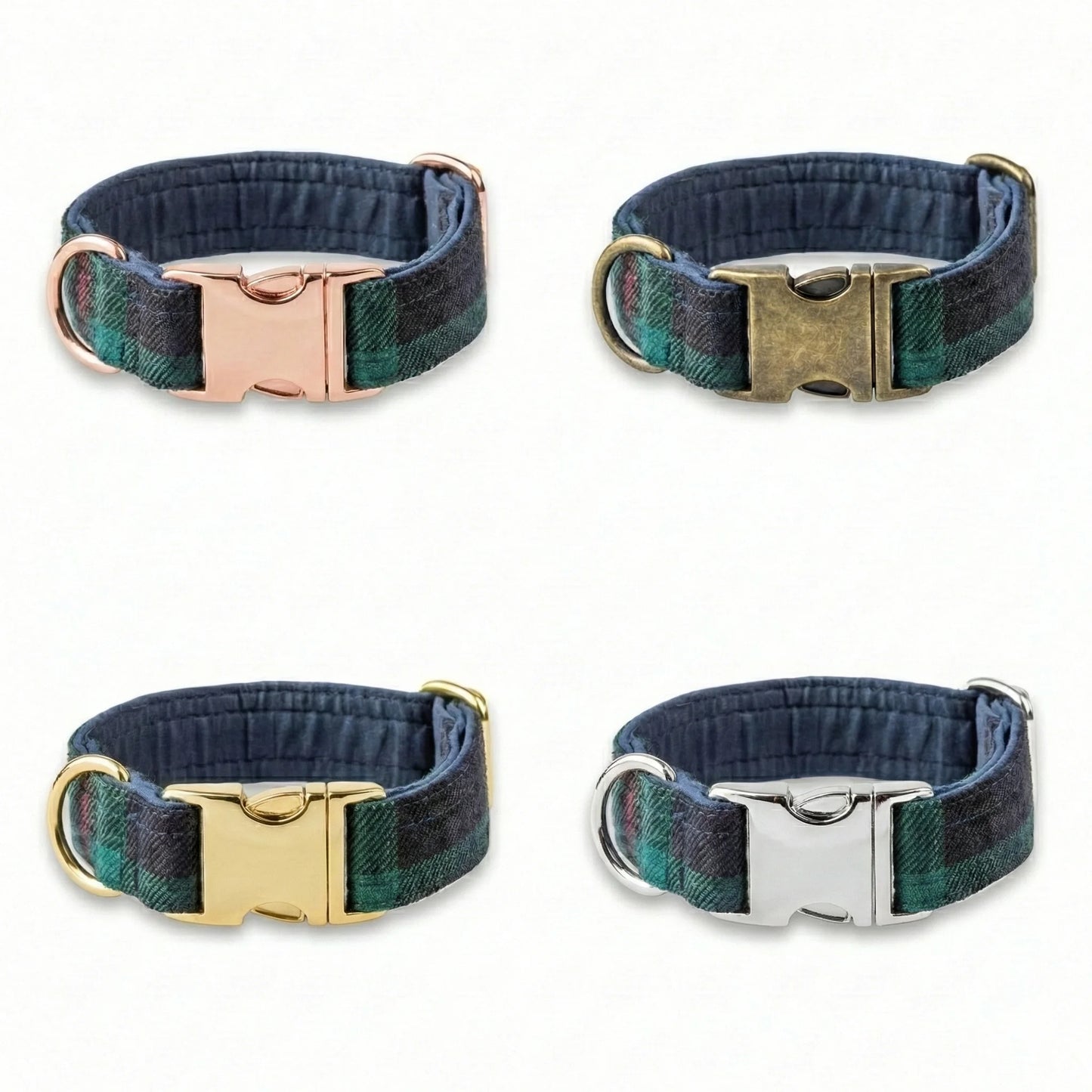 four tartan dog collars displaying different clasp colour options
