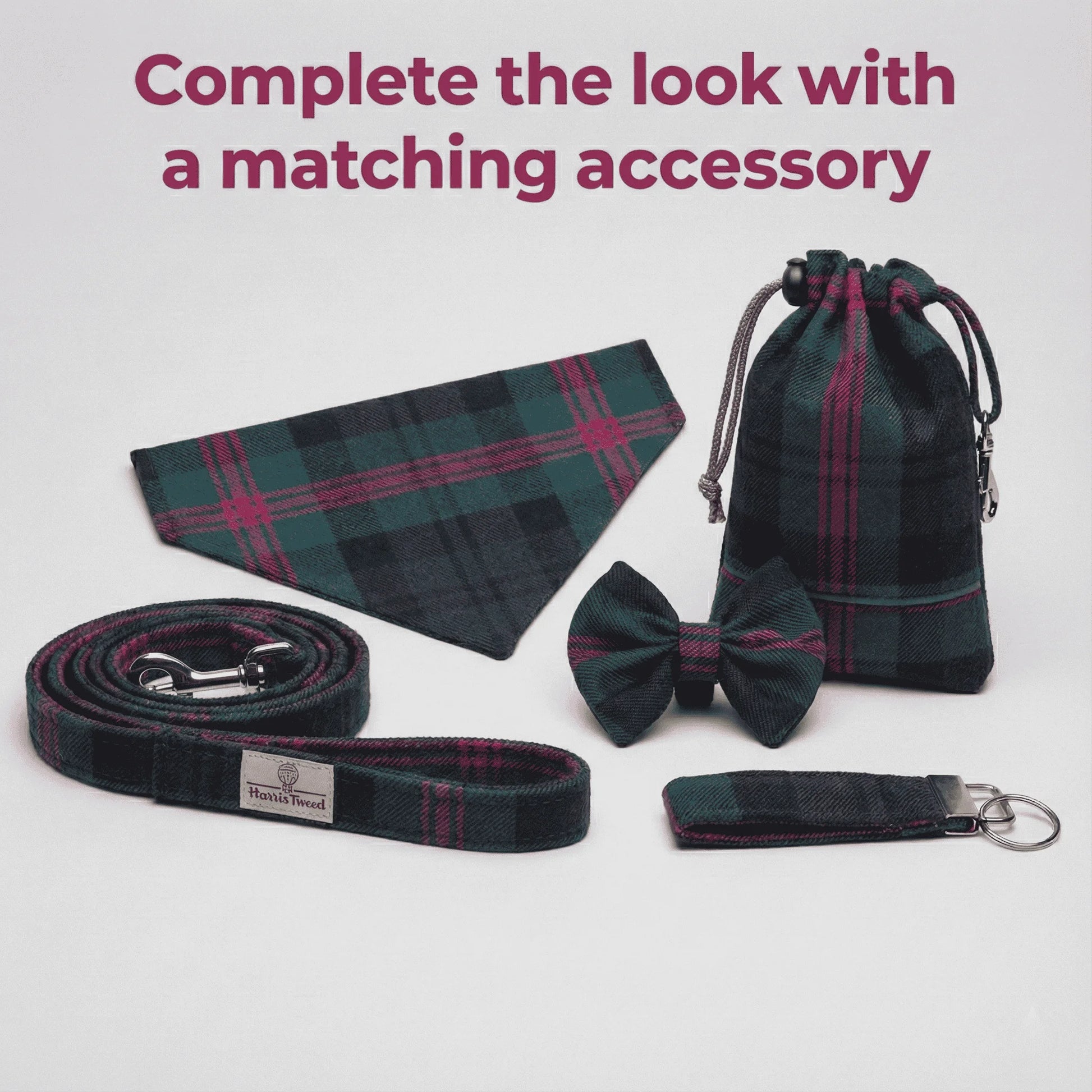 Plaid pet accessories including a bandana, leash, bow tie, and pouch on a white background.