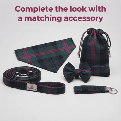 Plaid pet accessories including a bandana, leash, bow tie, and pouch on a white background.