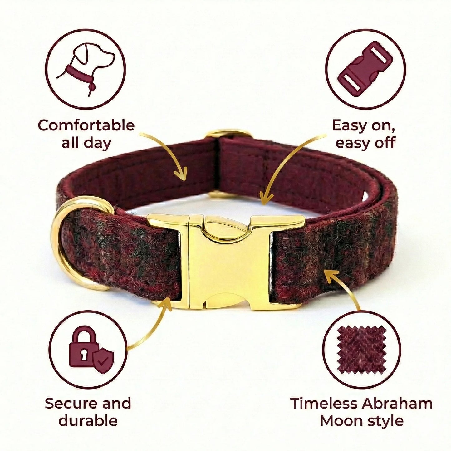 Abraham Moon Balmoral Claret Luxury Dog Collar - Collared Creatures LTD