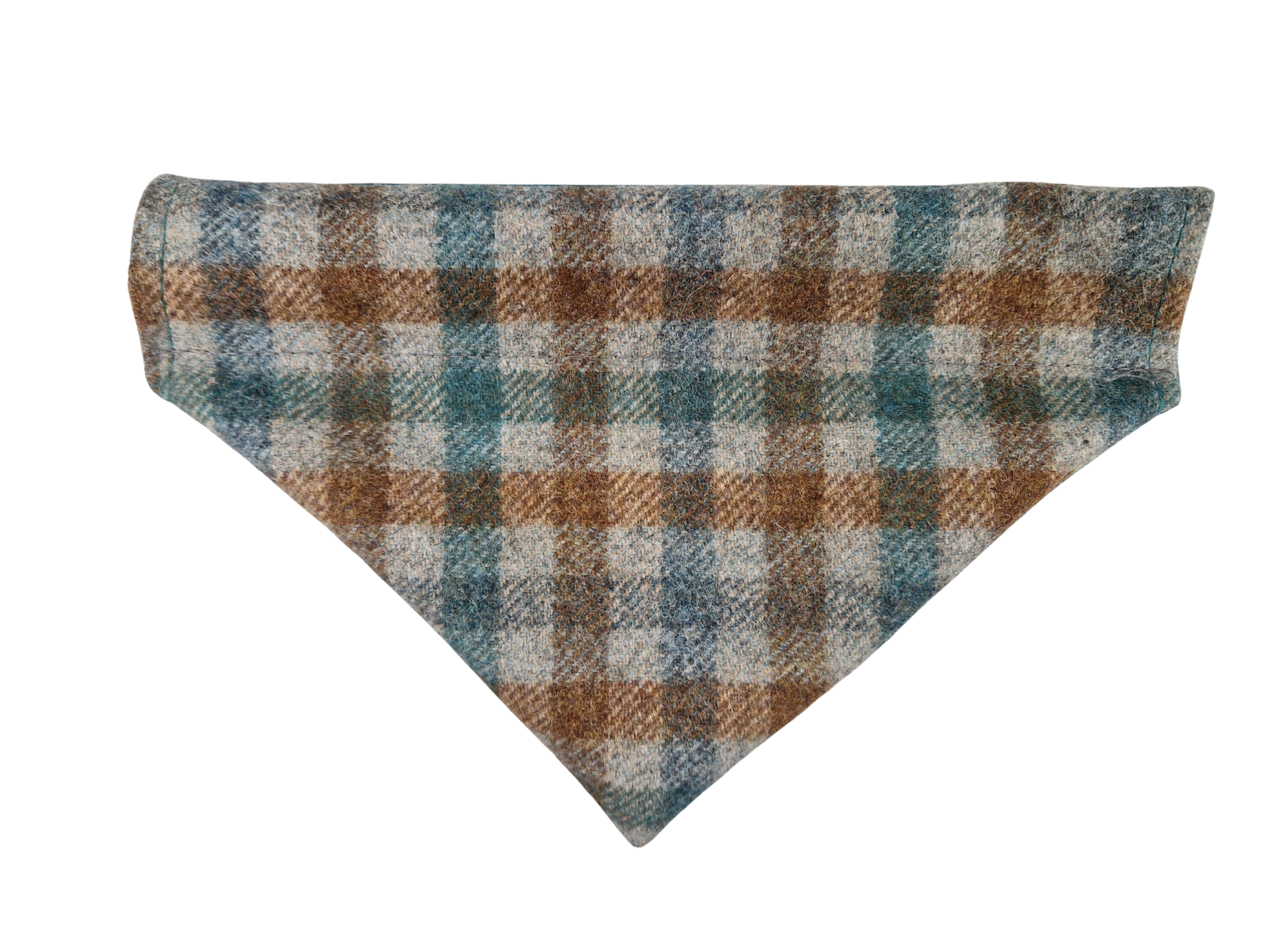 A triangular dog bandana made of a textured wool-like fabric with a plaid pattern in brown, teal blue, and off-white.