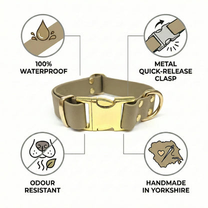Beigefarbenes wasserdichtes Biothane Hundehalsband mit Metallschließe