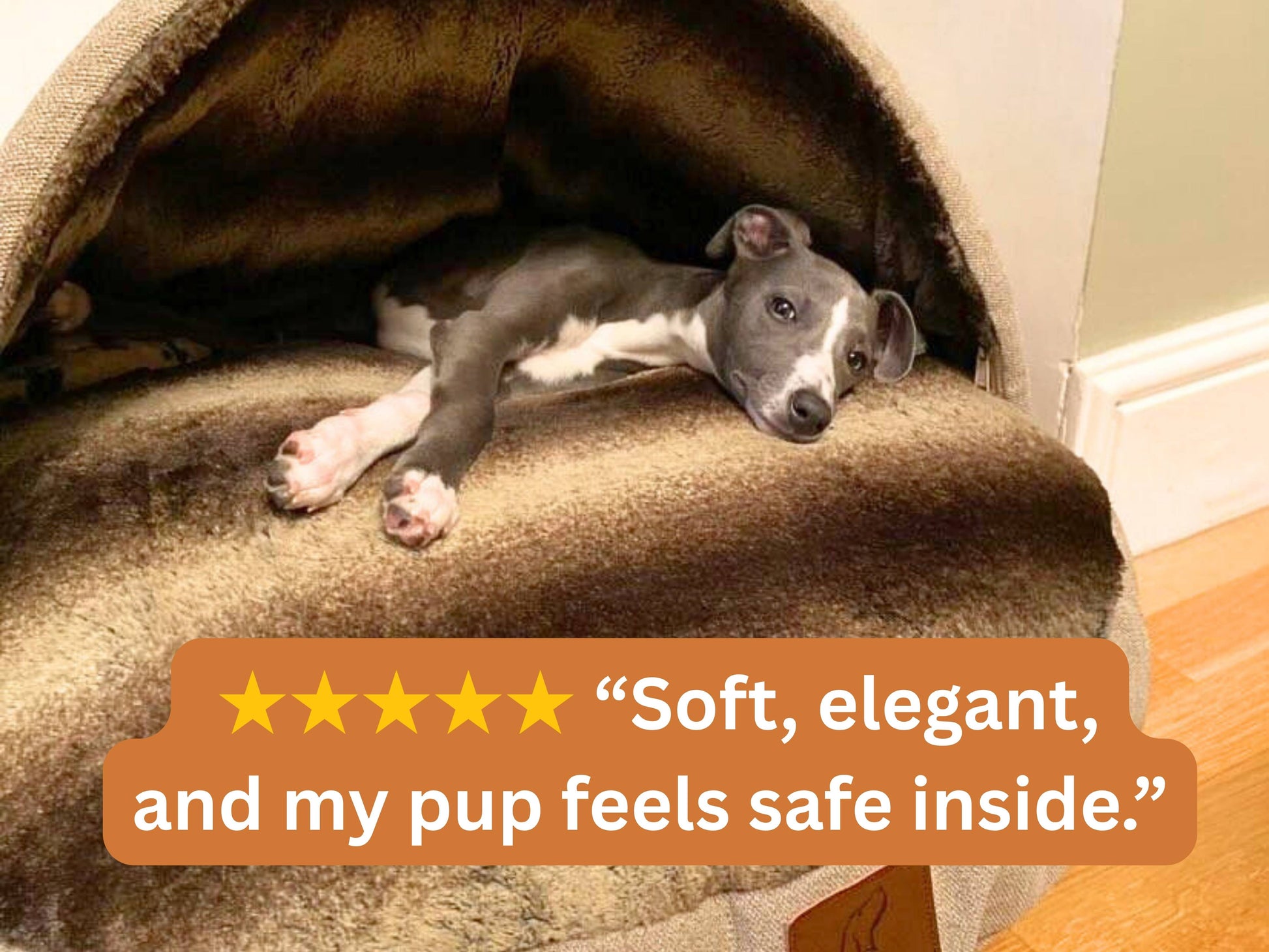 Beige dog cave bed with removable hood and 5-star review overlay