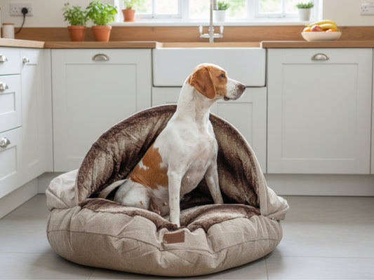dog sitting in beige dog cave bed in modern kitchen setting