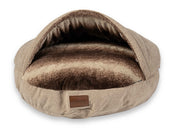 Close-up of beige dog cave bed showing open hood and plush interior - Collared Creatures