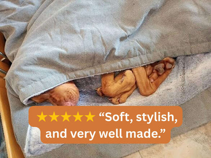 Beige dog snuggle bed with five-star customer review overlay.