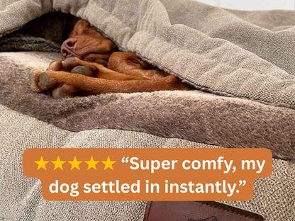 Elegant beige snuggle sack for dogs shown with review text