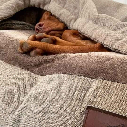 Close-up of dog sleeping inside beige faux fur snuggle bed, showing thick upholstery and cosy interior