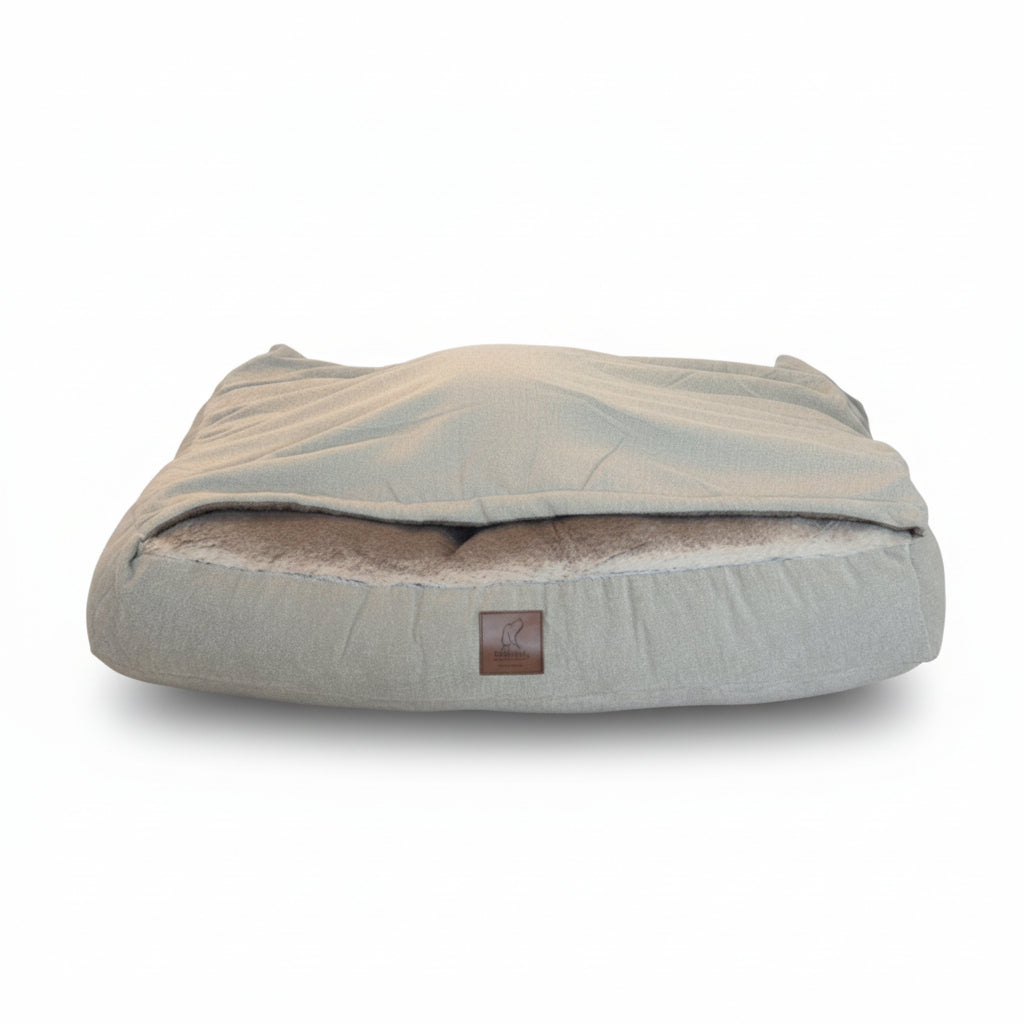 Beige Dog Snuggle Bed – Calming Cosy Hooded Bed Collared