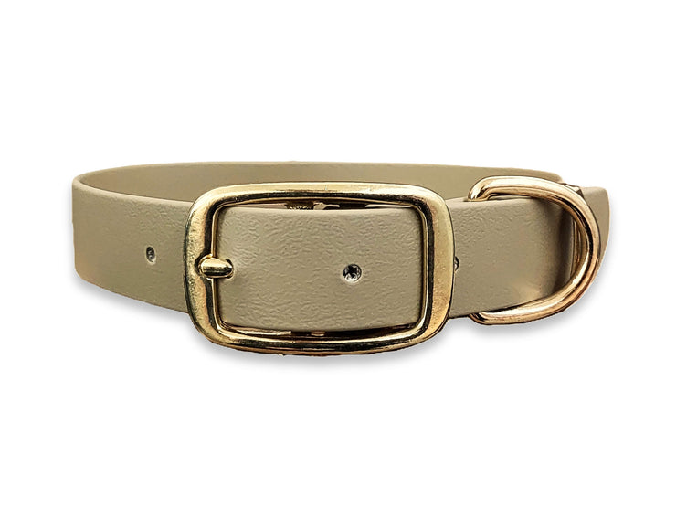 Beige waterproof dog collar made from Biothane – strong, stylish and odour-resistant – by Collared Creatures