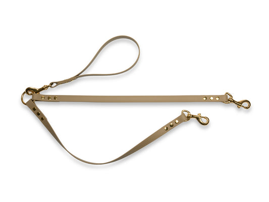Beige waterproof Biothane double dog lead, handmade in the UK and easy to clean