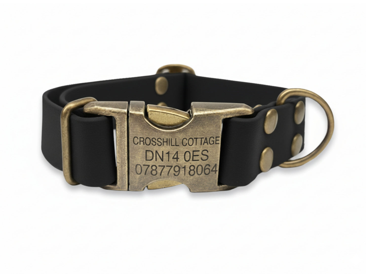 Black biothane dog collar with brass buckle and engraved details on a white background