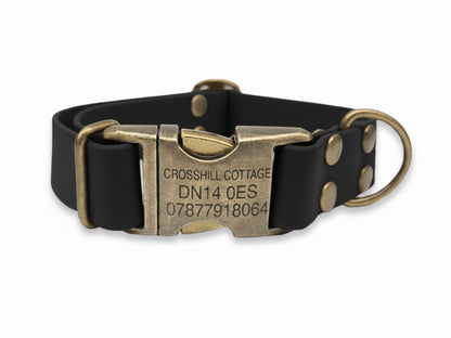 Black biothane dog collar with brass buckle and engraved details on a white background