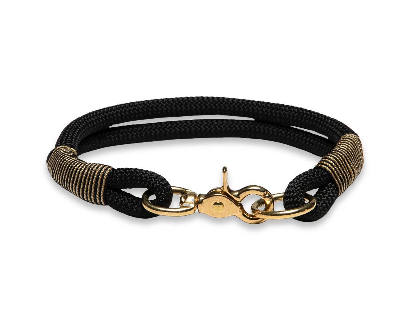 Black handmade rope dog collar, 8 or 10 mm PPM cord, brass hardware, gold whipping, durable, handcrafted in Yorkshire