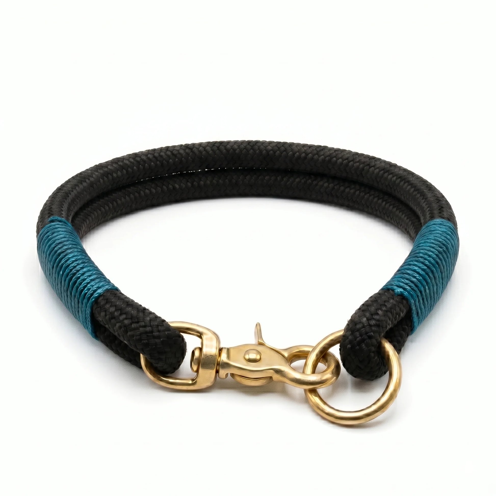Black and blue dog collar with gold clasp on a white background