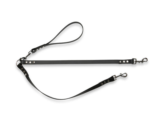Black waterproof Biothane double dog lead, durable and easy to clean for two dogs