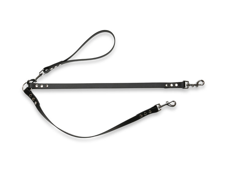 Black waterproof Biothane double dog lead, durable and easy to clean for two dogs