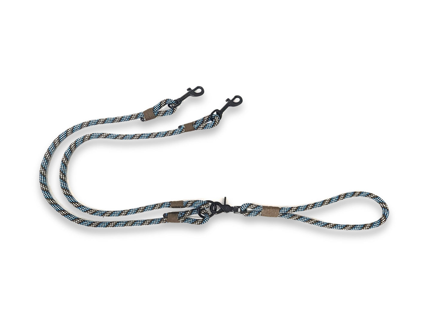 Handmade blue and brown rope double dog lead with split design and custom whipping options
