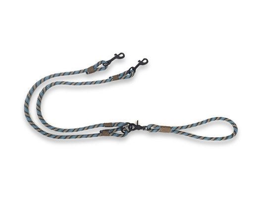 Handmade blue and brown rope double dog lead with split design and custom whipping options