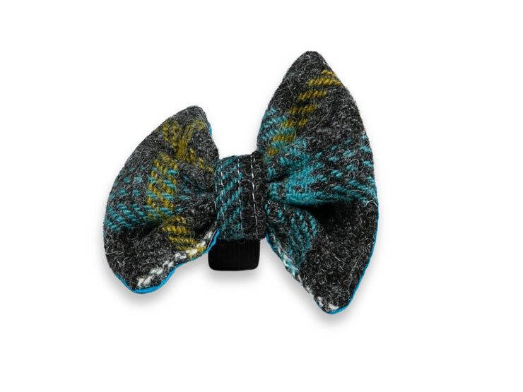 Blue and grey check Harris Tweed dog bow tie – handmade, elegant, and fits any collar easily