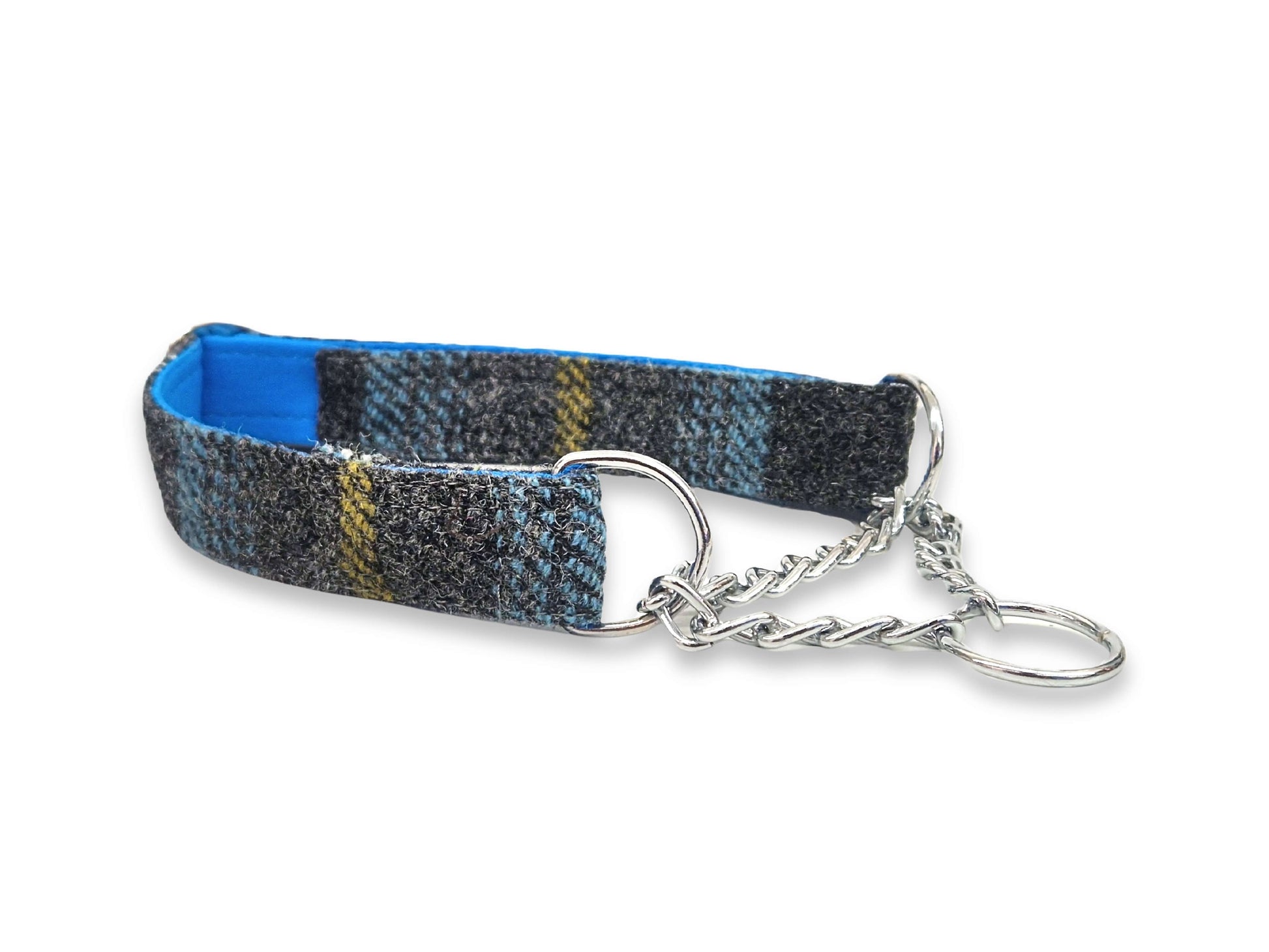 Blue and grey check tweed martingale half choke dog collar offering secure and gentle walking control for stylish dogs