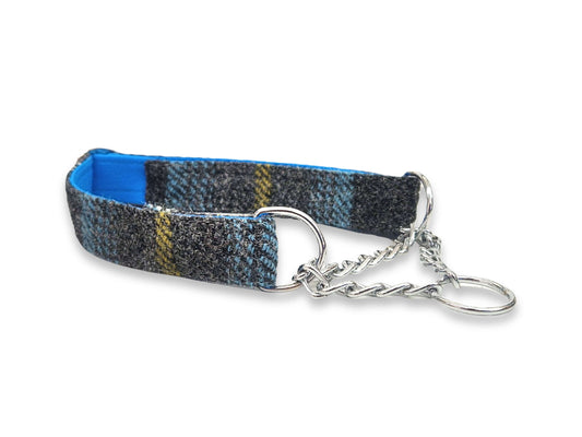 Blue and grey check tweed martingale half choke dog collar offering secure and gentle walking control for stylish dogs