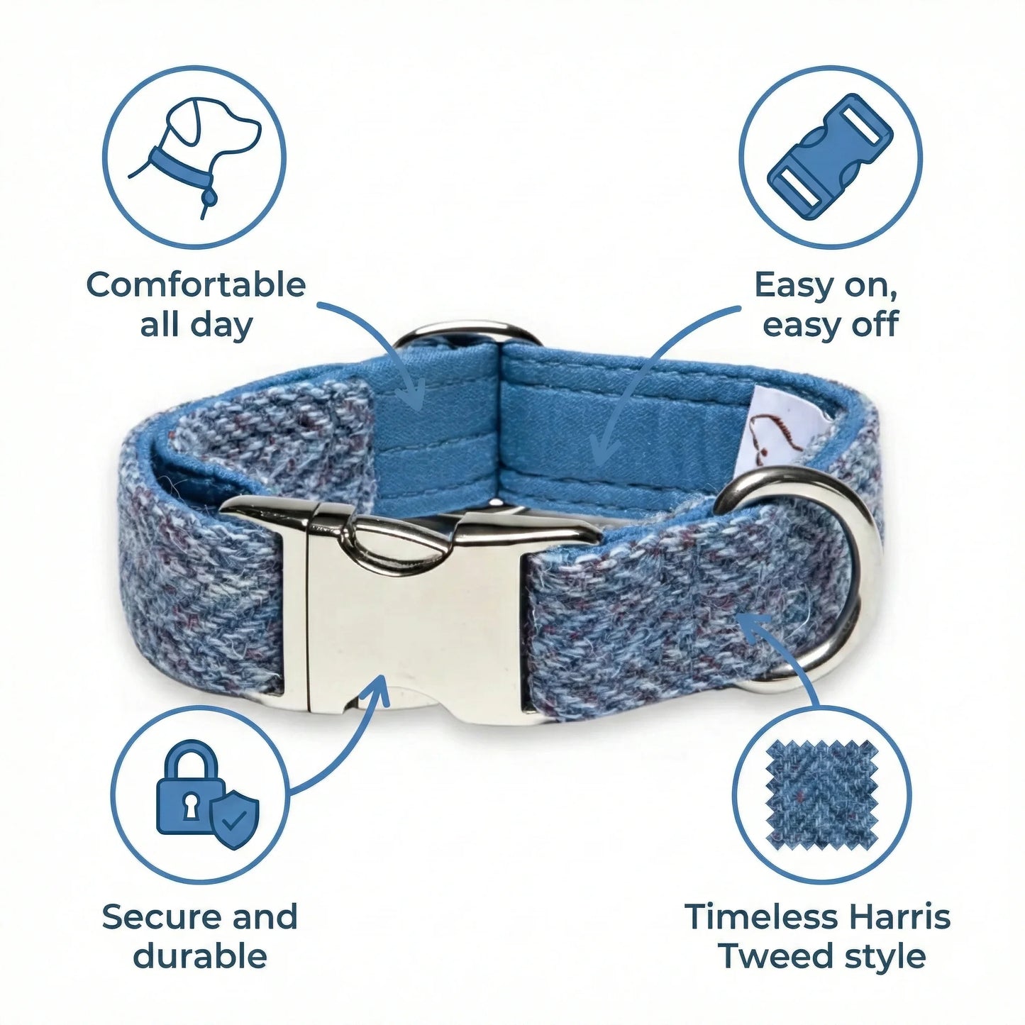 Blue Herringbone Luxury Harris Tweed Dog Collar - Collared Creatures LTD
