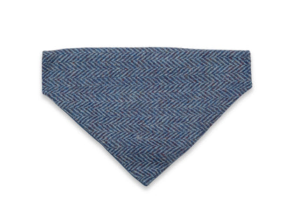 Blue herringbone Harris Tweed dog bandana over collar