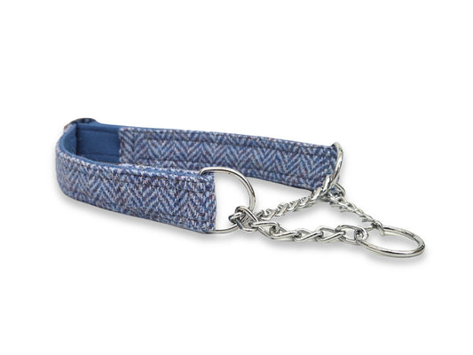 Blue herringbone tweed martingale half choke dog collar handmade for secure, stylish control and a comfortable fit