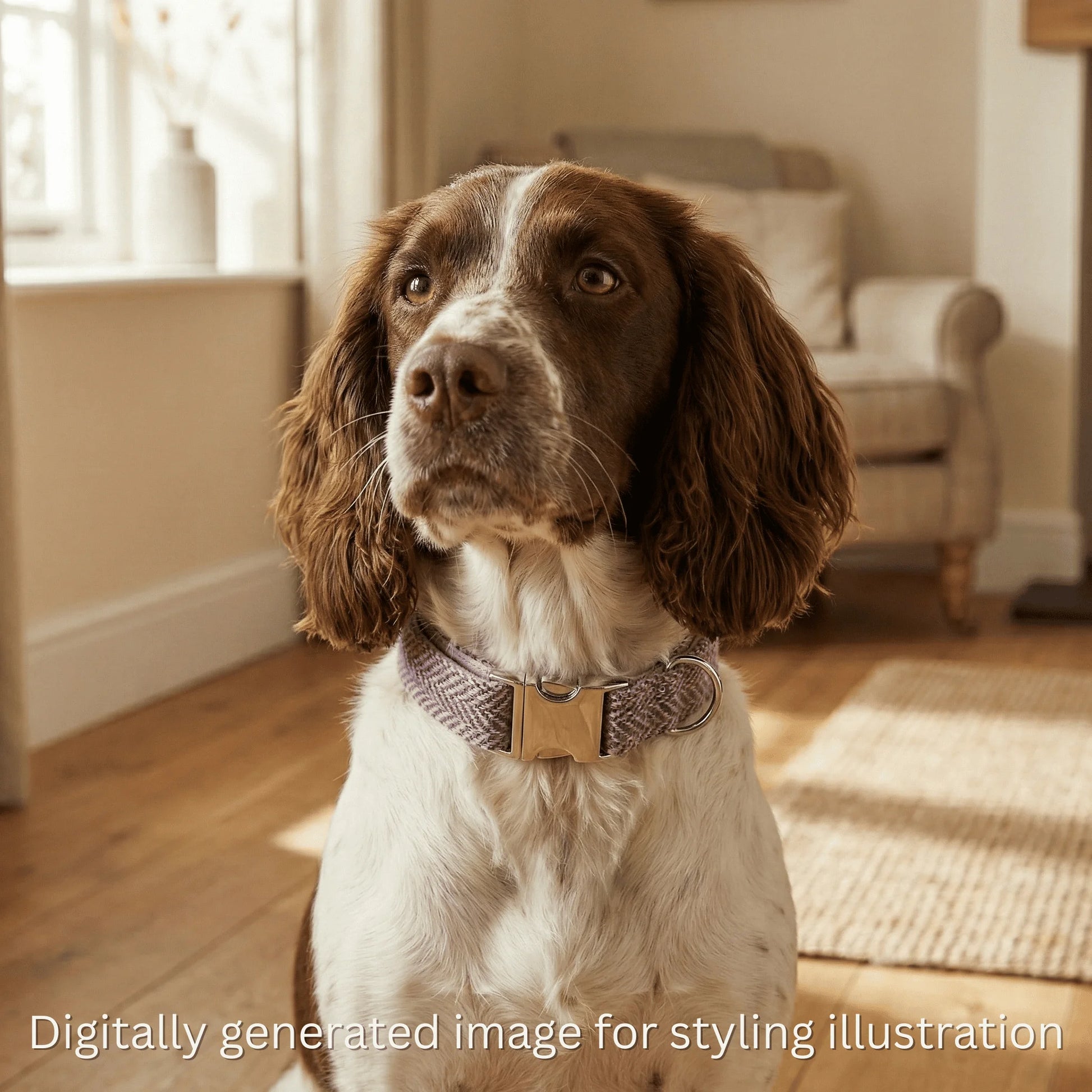 Dog wearing a collar in a home setting with text indicating digital generation.
