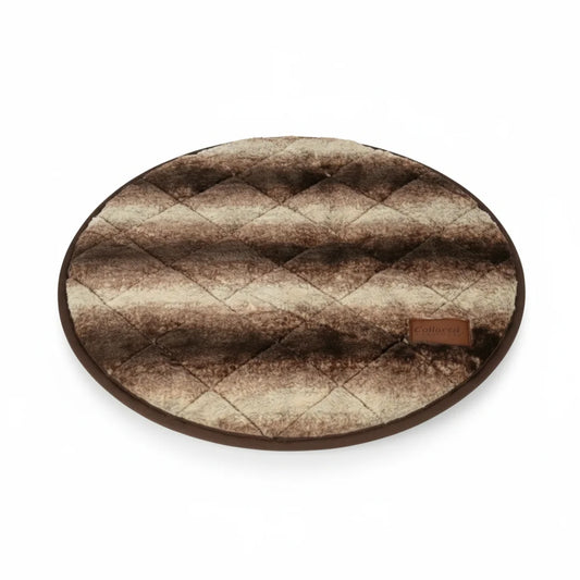 brown striped faux fur round dog blanket white background