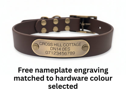 nameplate engraving example on brown biothane dog collar