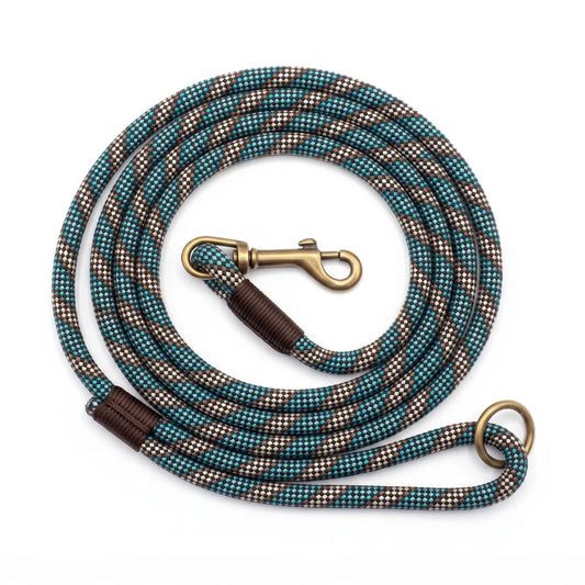 A coiled dog leash made of braided rope in teal, brown, and beige, with dark brown whipping and antique brass hardware including a clasp and ring, shown on a white background.