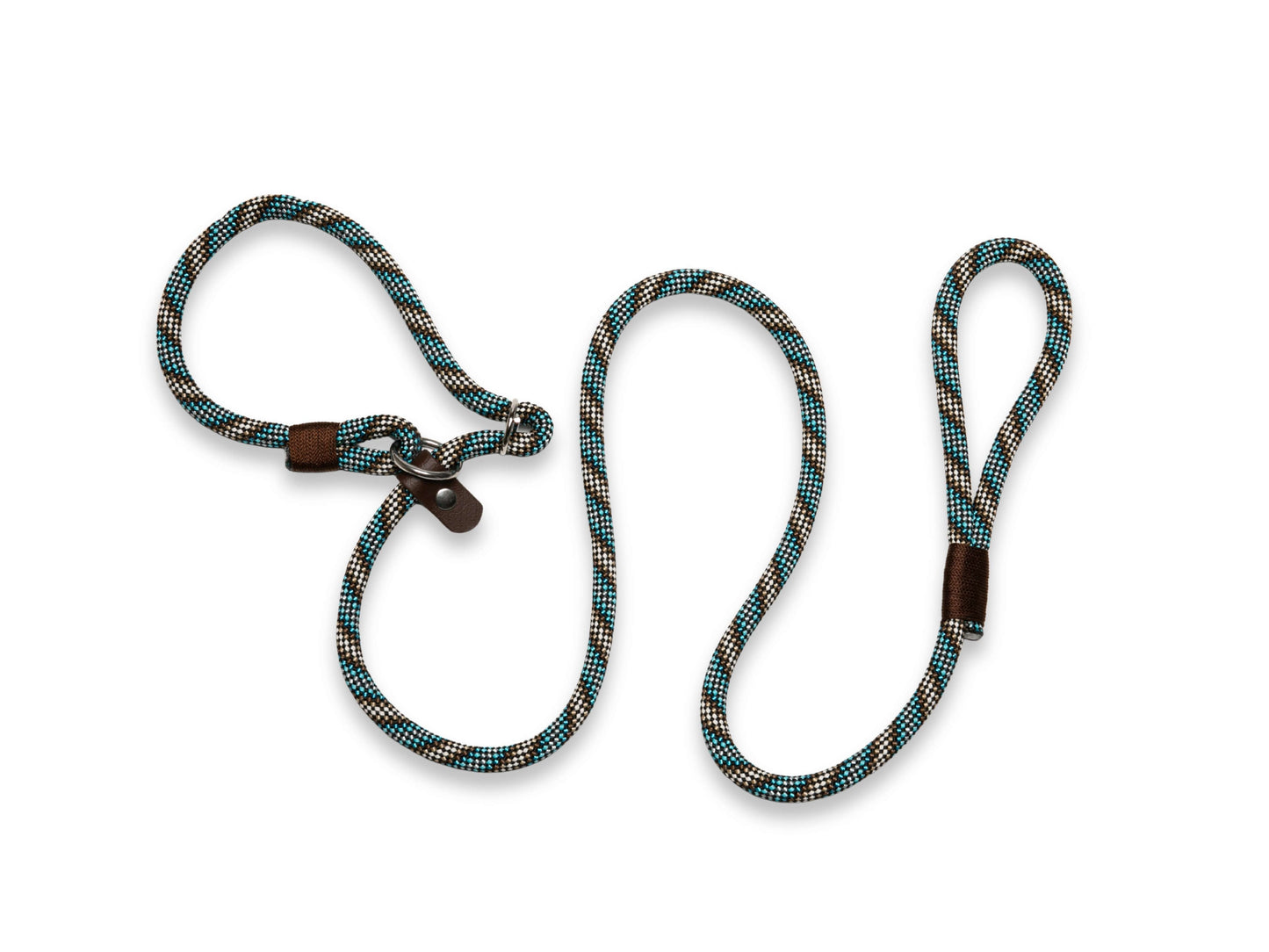 Brown and blue handmade rope dog lead with slip or clip fastening and decorative whipping
