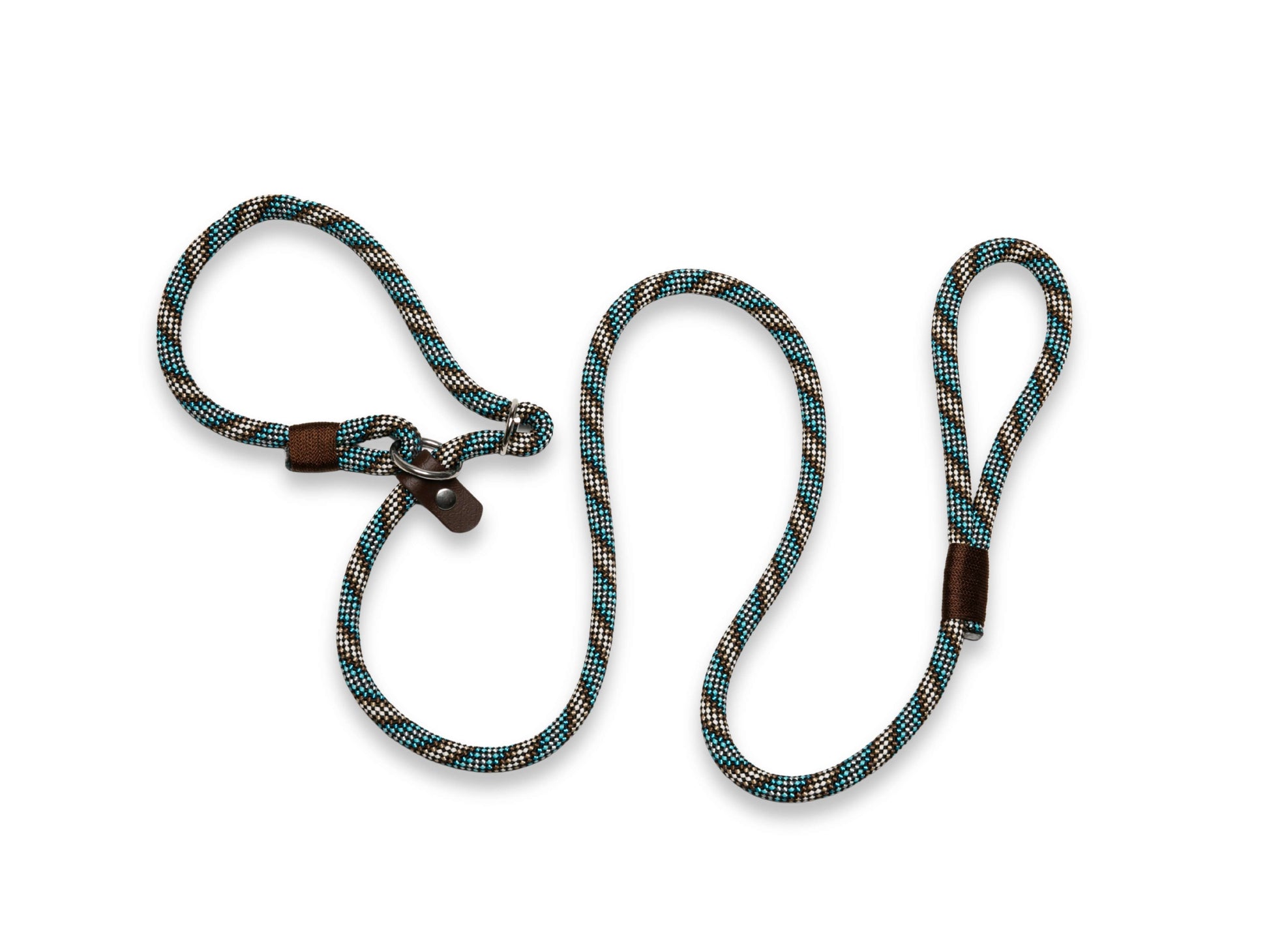 Brown and blue handmade rope dog lead with slip or clip fastening and decorative whipping