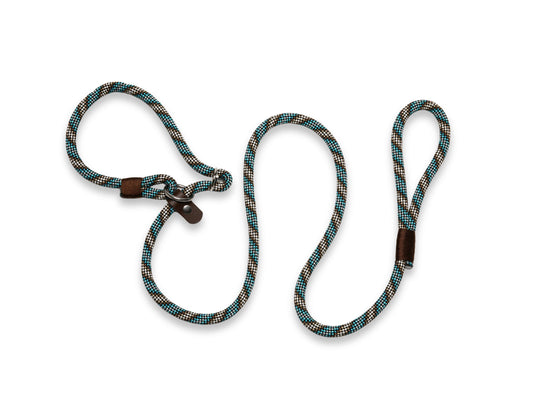 Brown and blue handmade rope dog lead with slip or clip fastening and decorative whipping