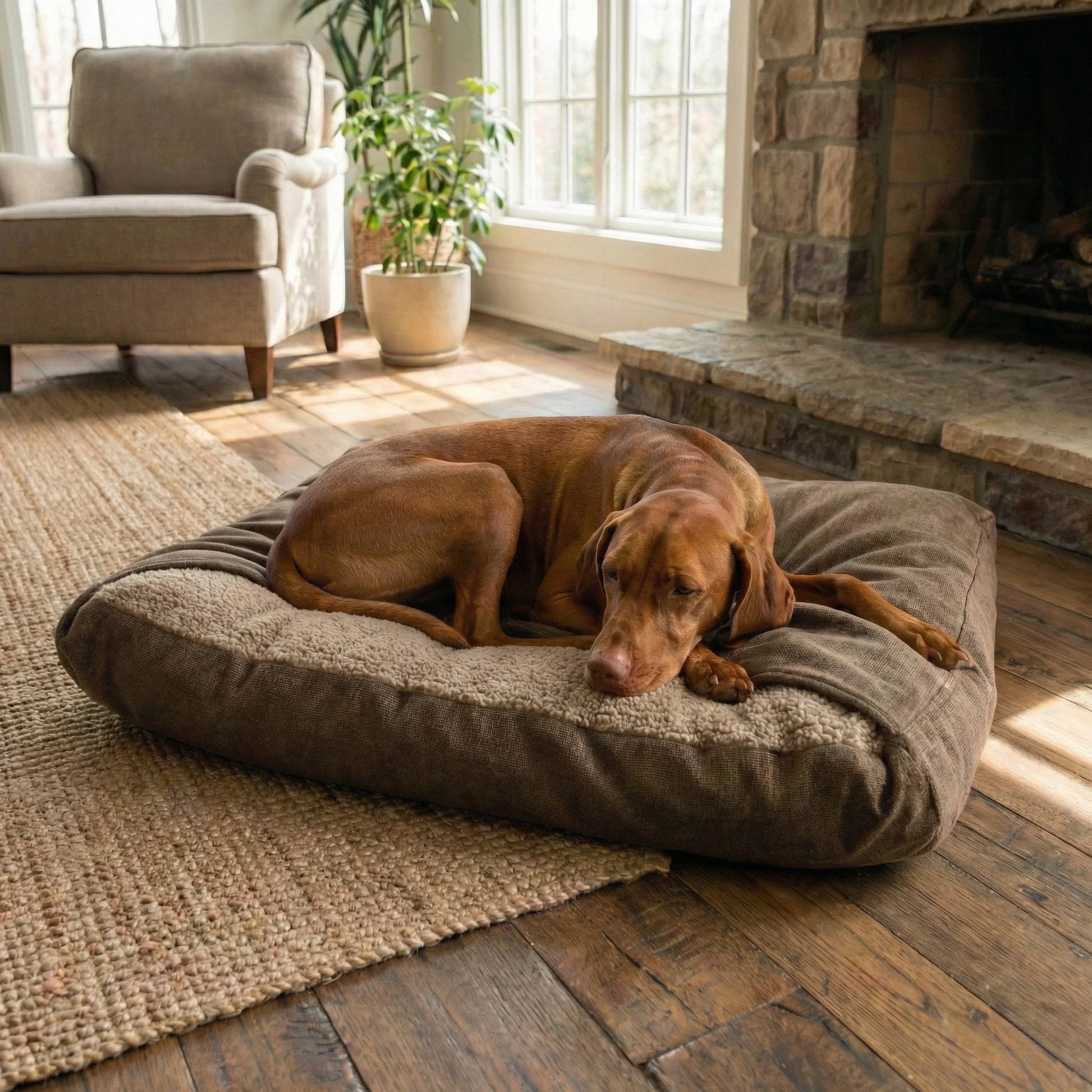 Dog resting on a large brown snuggle sack in a cozy living room with a fireplace.