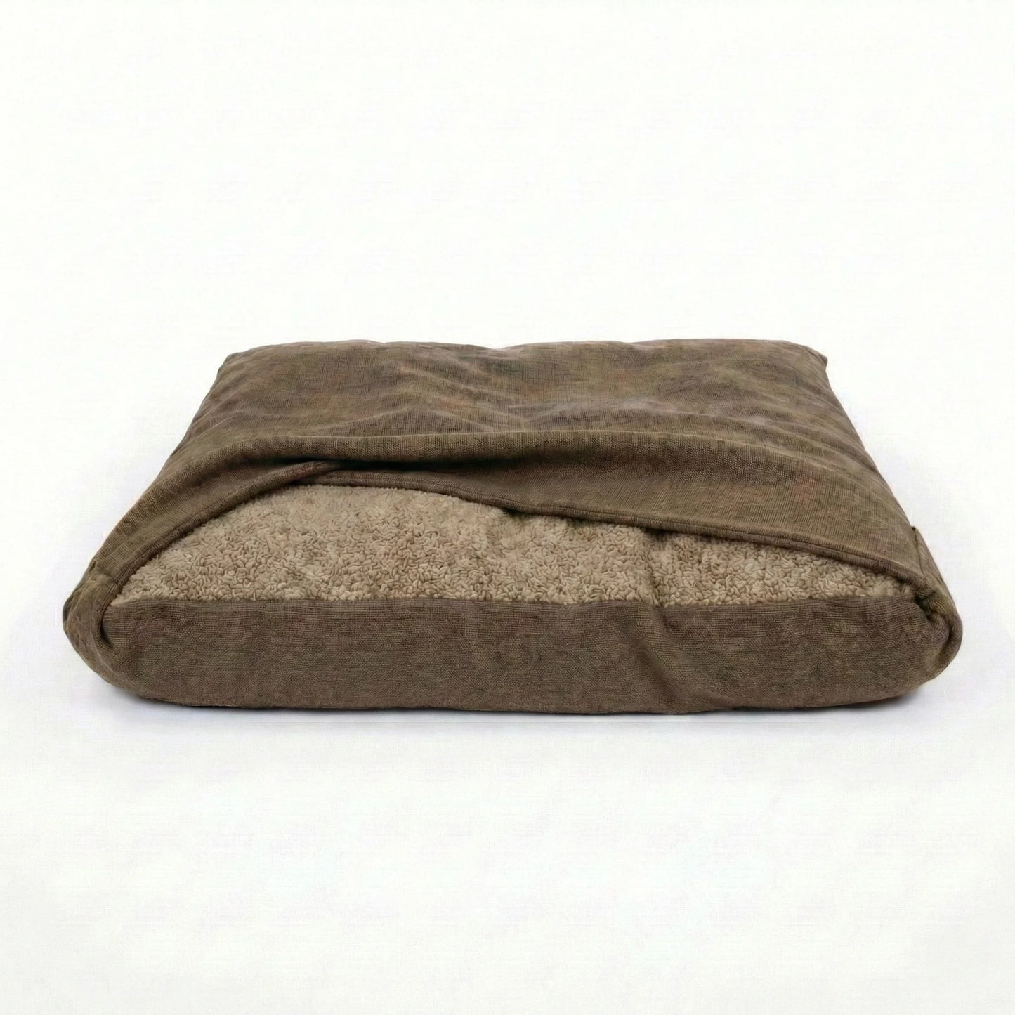 Brown snuggle bed with fixed blanket on a white background