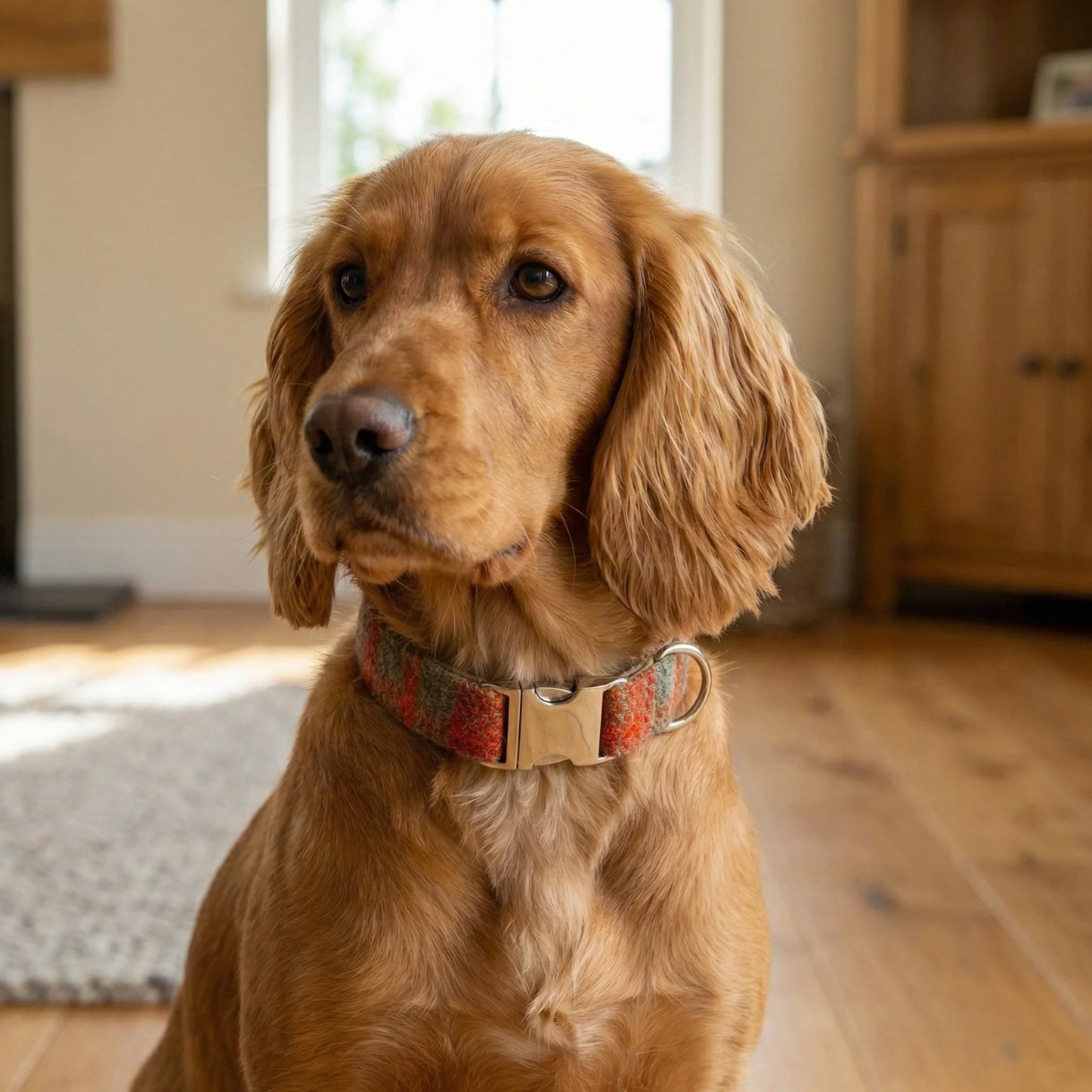 Brown dog sitting indoors wearing a colorful collar.