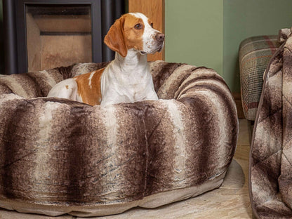 Collared Creatures Brown Luxury Deluxe Donut Dog Bed with Beagle relaxing inside