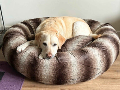 Labrador lying on large brown donut dog bed for medium to large breeds