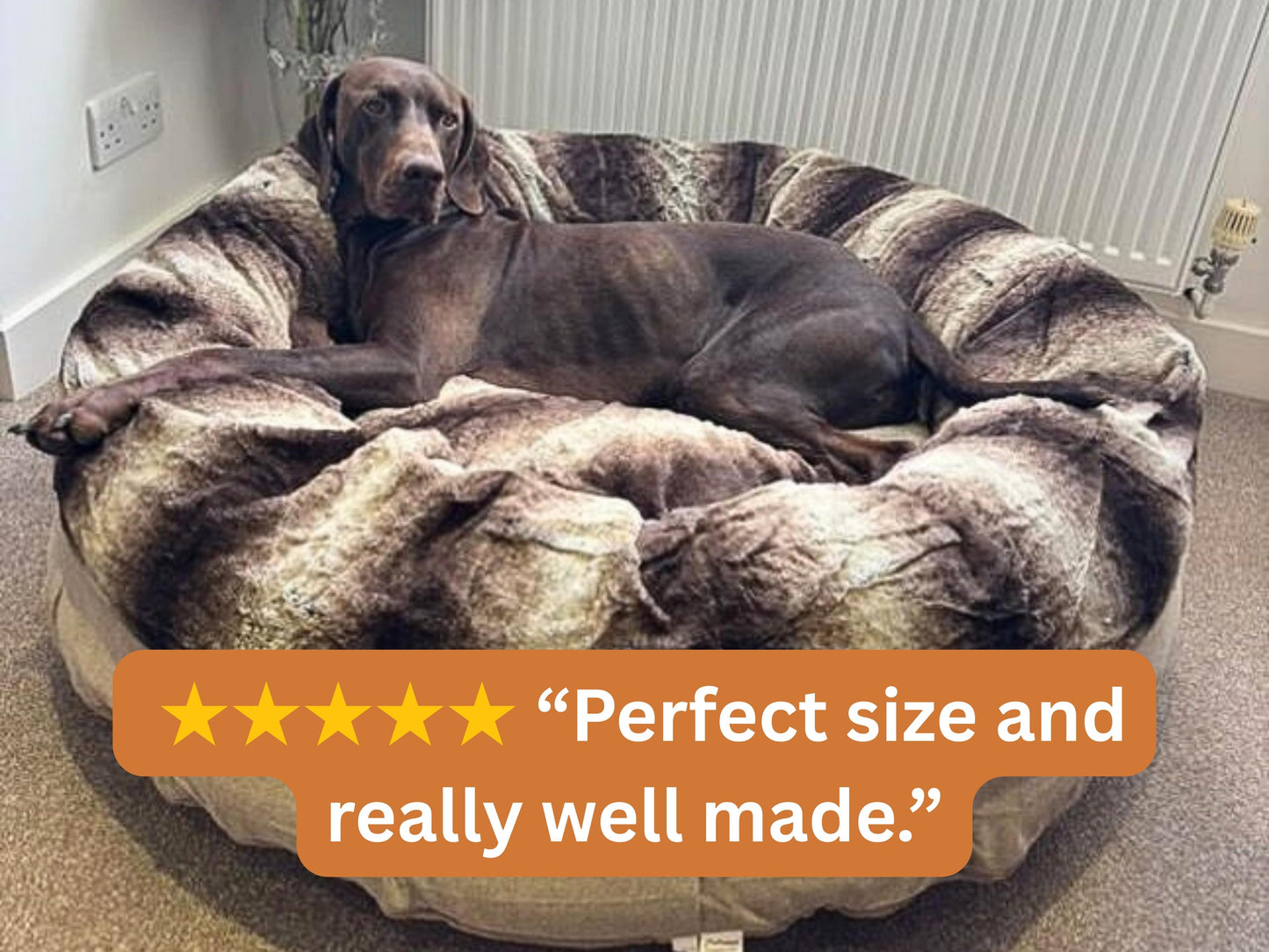 Brown Donut Dog Bed with dog lying down and customer review overlay: Perfect size and really well made