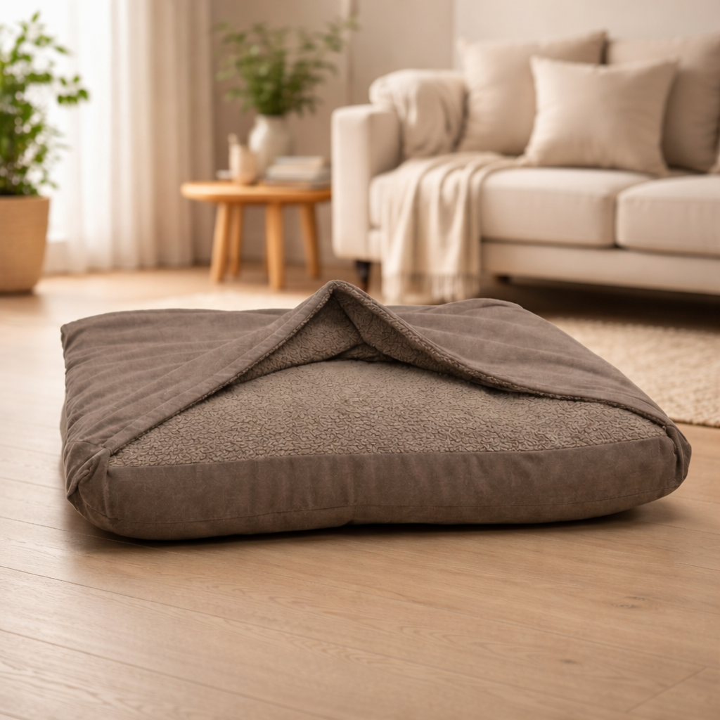 Brown textured snuggle sack with fixed blanket on a wooden floor with a living room in the background