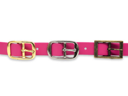 pink collar with gold, silver, and bronze buckles on a white background
