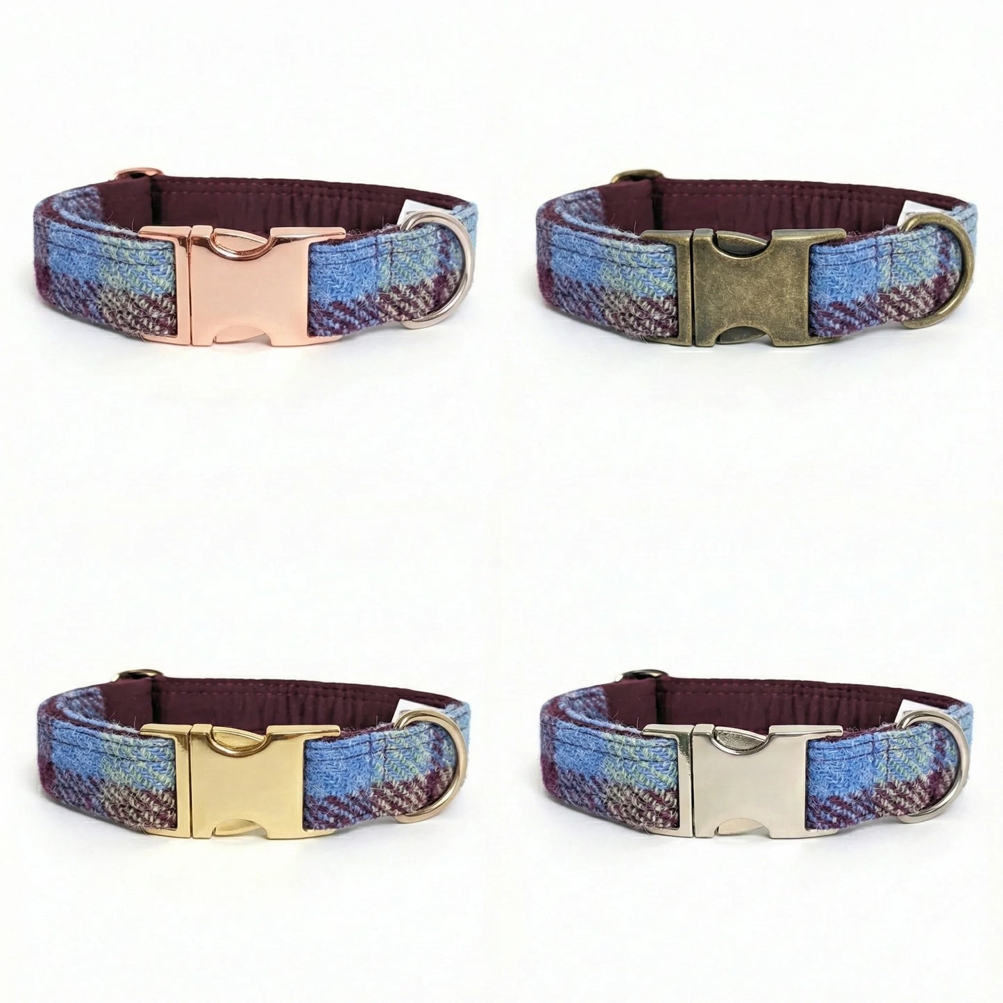 Four plaid dog collars with different metal buckles on a white background