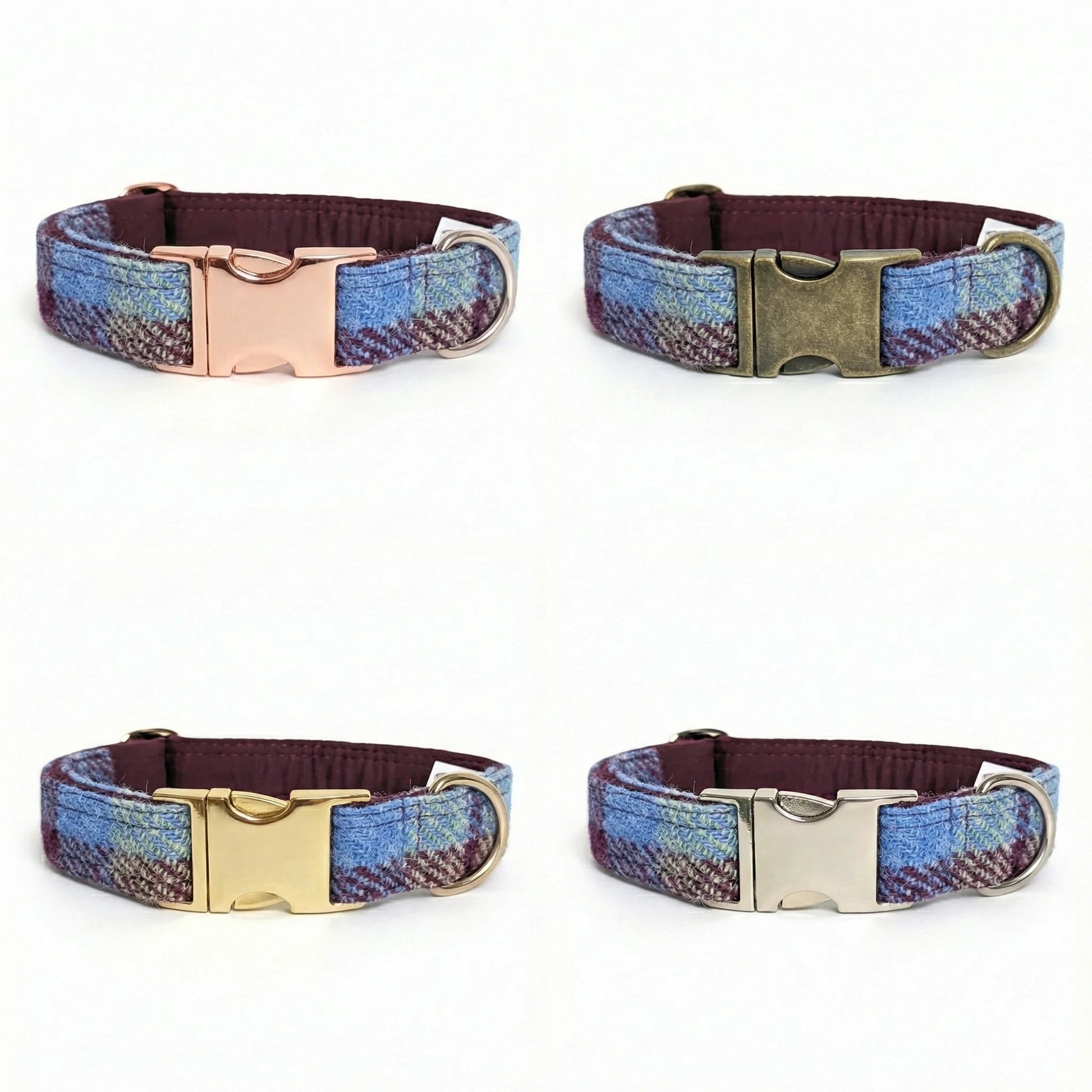 Four plaid dog collars with different metal buckles on a white background
