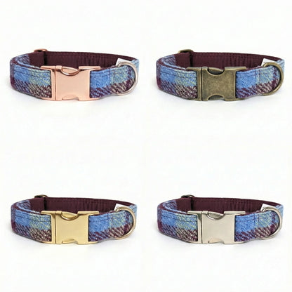 Four plaid dog collars with different metal buckles on a white background