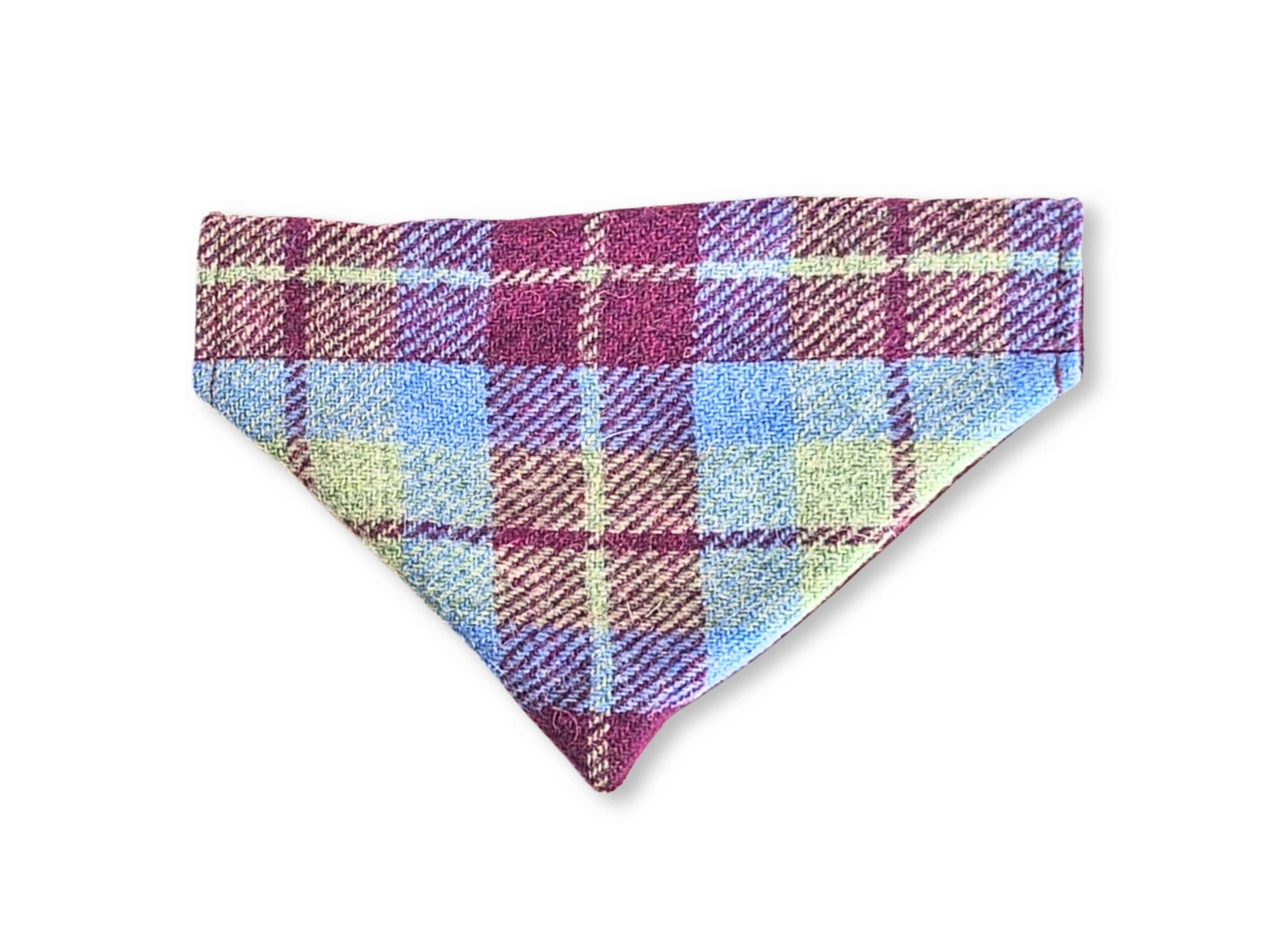 Burgundy and blue check Harris Tweed dog bandana over collar