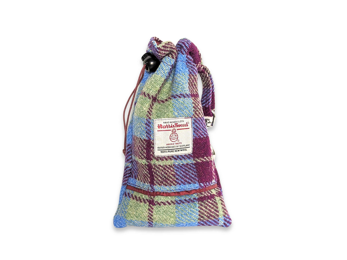 Burgundy and blue check Harris Tweed dog treat bag with integrated poop bag dispenser