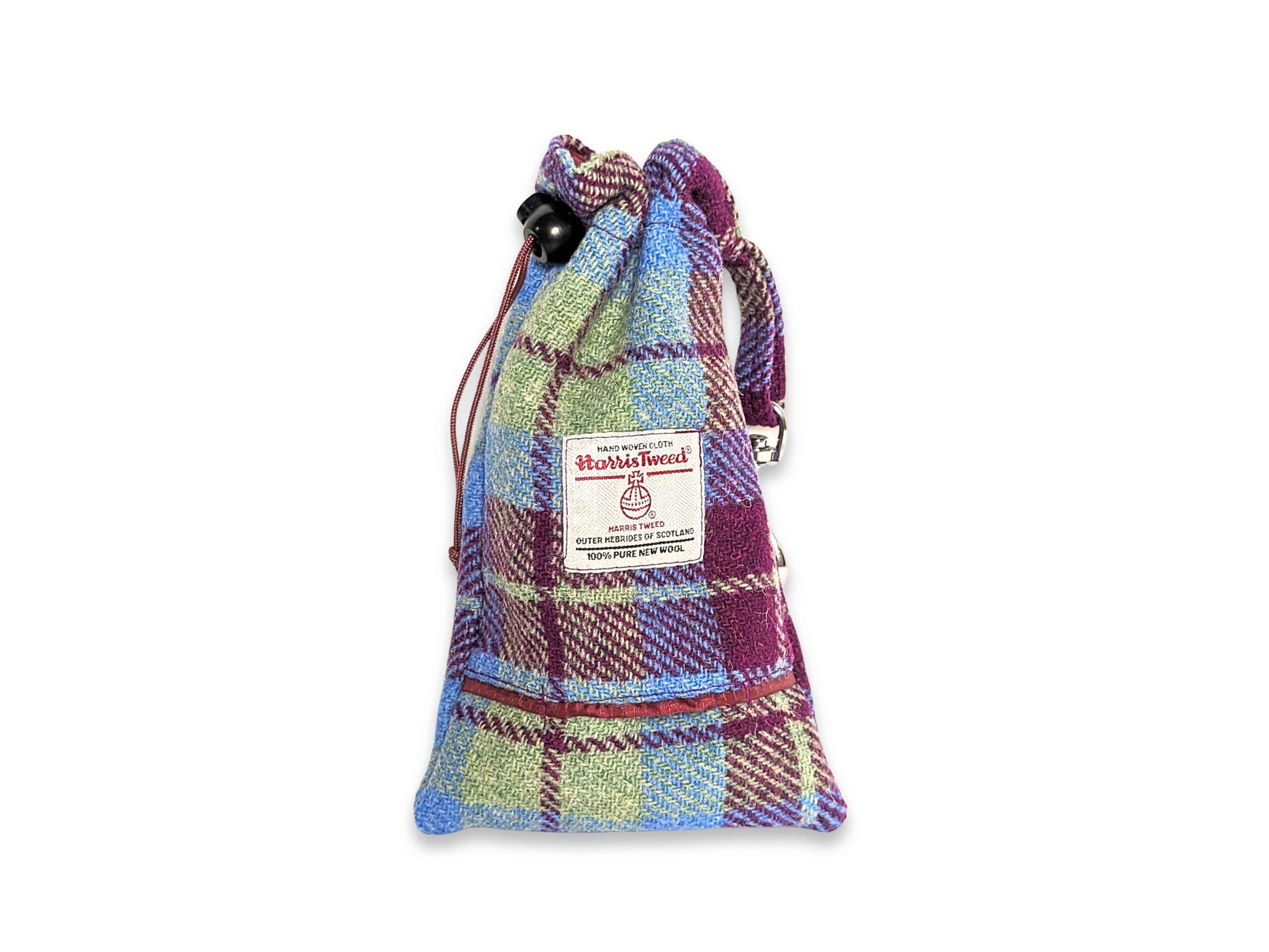 Burgundy and blue check Harris Tweed dog treat bag with integrated poop bag dispenser
